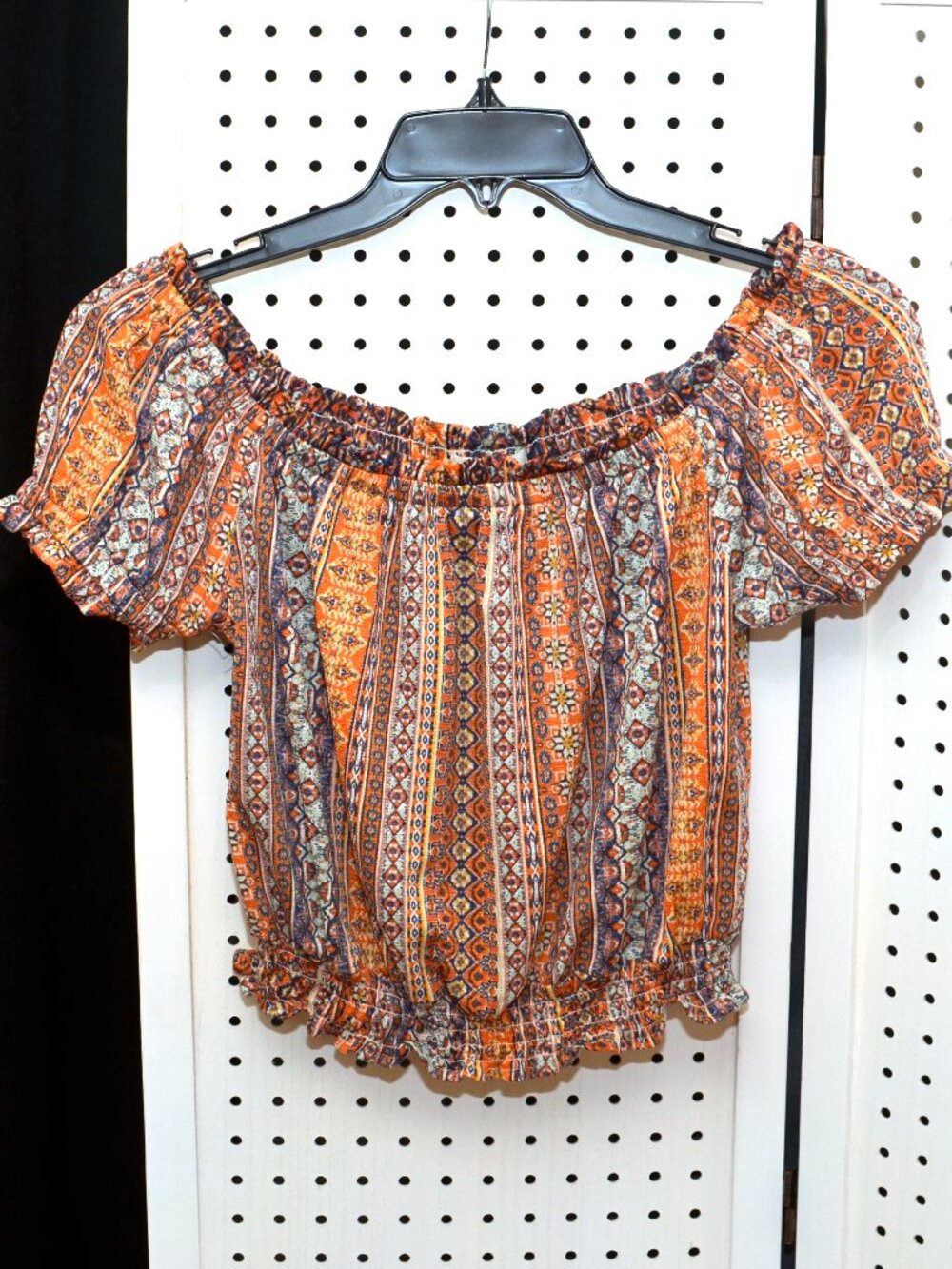 Plus Size 1X Jolie & Joy Boho Orange Patterned Off-The-Shoulder Smocked Crop Top